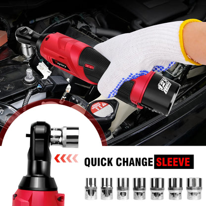 3/8 Inch Cordless Electric Wrench | 90° Right Angle Ratchet with 12V Rechargeable Batteries, 7 Sockets for Car Repair