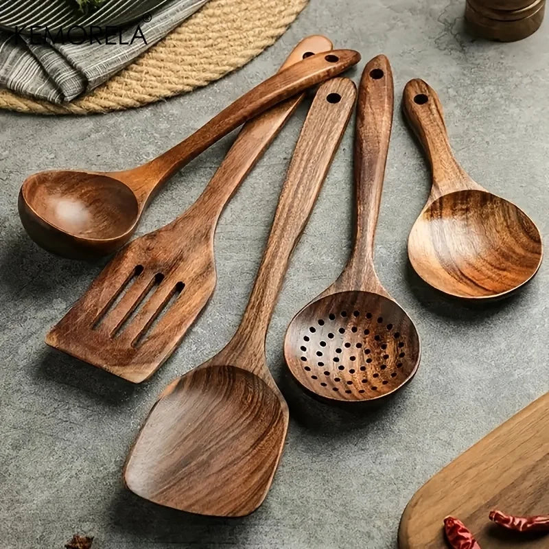 5PCS Thailand Teak Wooden Cooking Spoon Set – Natural Kitchen Ladle, Turner, Rice Colander & Soup Skimmer Utensils