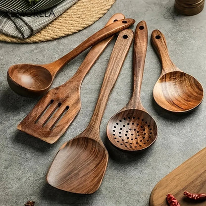 5PCS Thailand Teak Wooden Cooking Spoon Set – Natural Kitchen Ladle, Turner, Rice Colander & Soup Skimmer Utensils