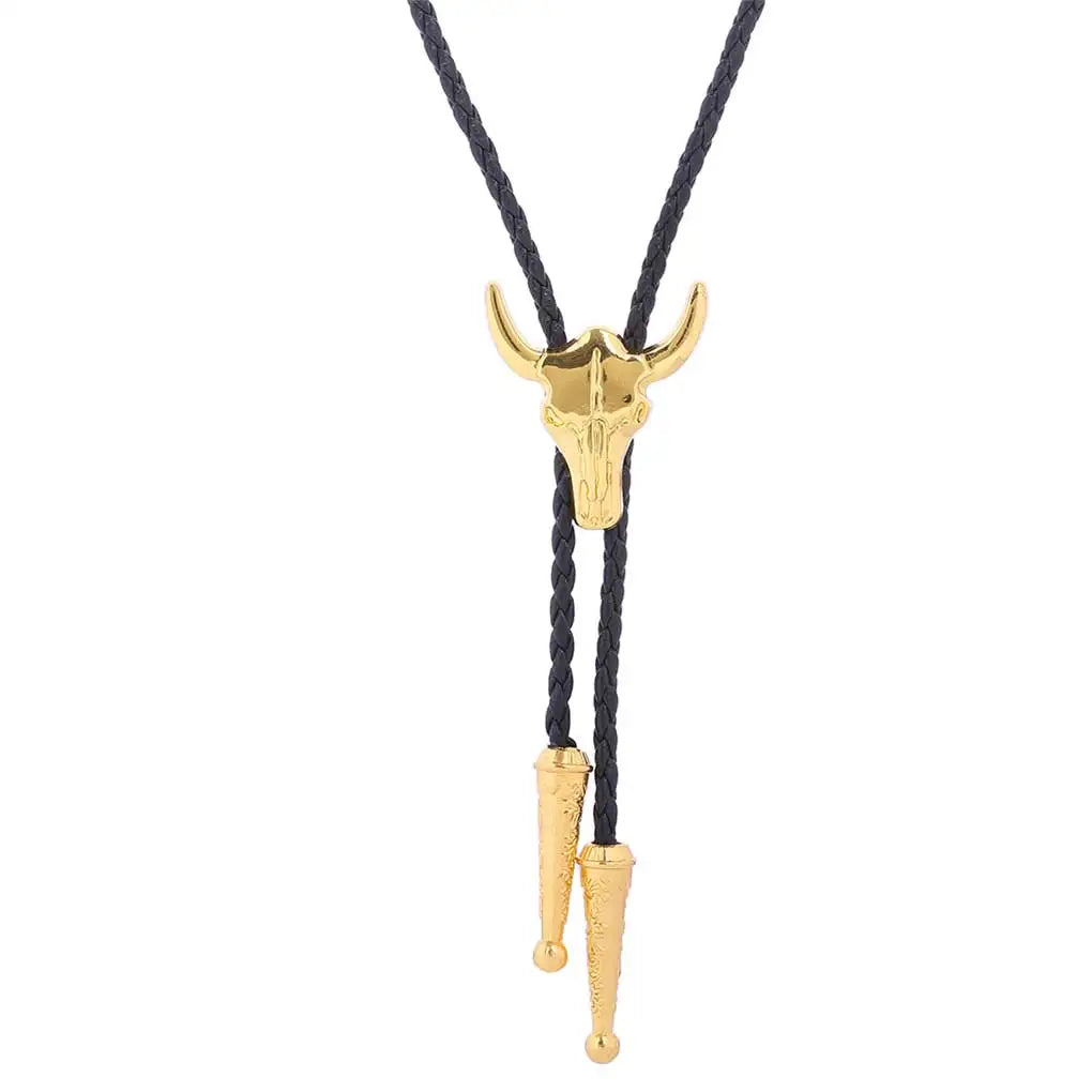 Golden Bolo Tie for Men – Adjustable Cowboy Garment Accessory with Bull Head Pendant, Western Style Necklace