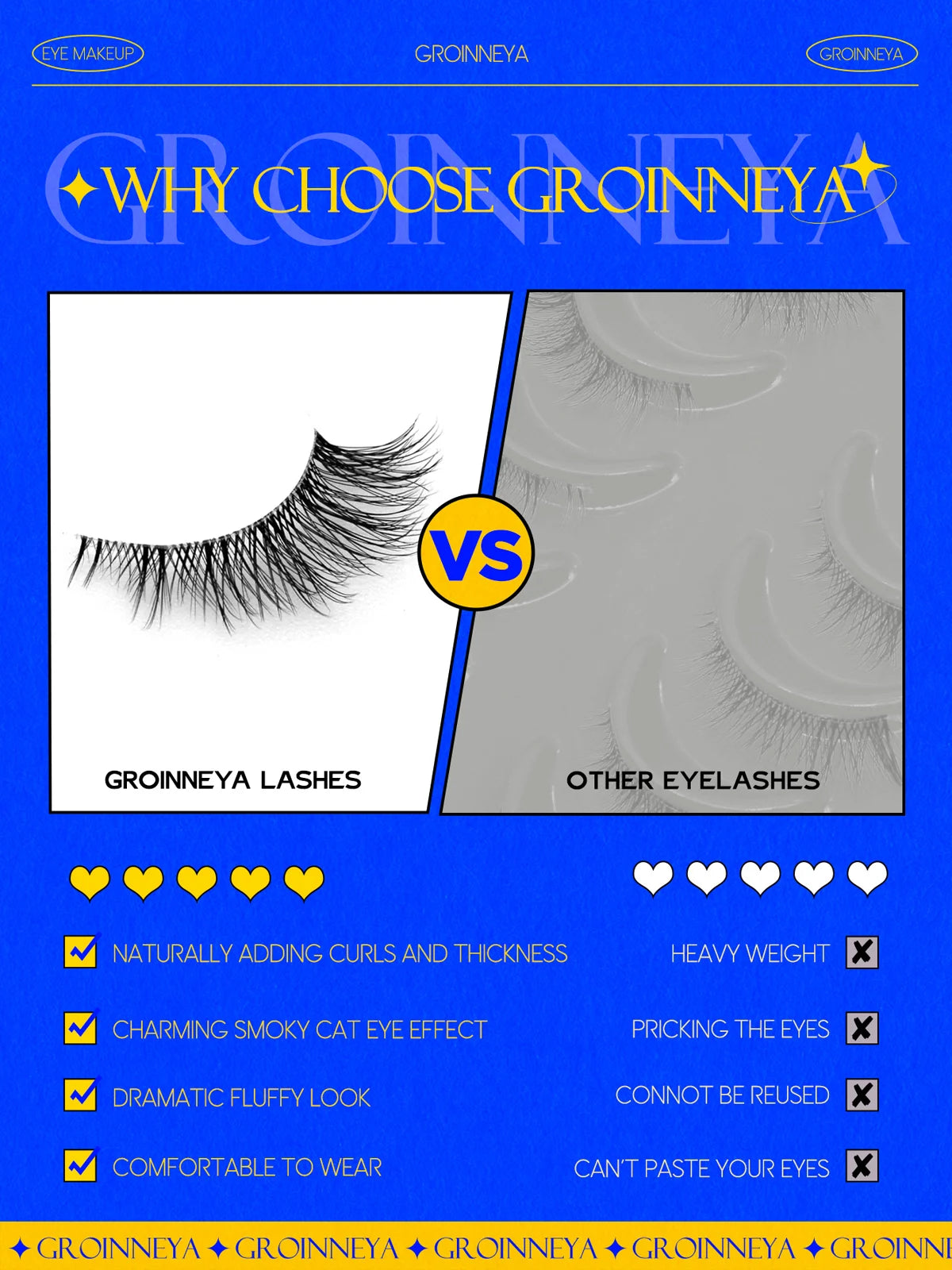 GROINNEYA Half Cat Eye Lashes – Soft Natural Clear Band, Faux Mink Wispy Lashes for Natural Makeup Look