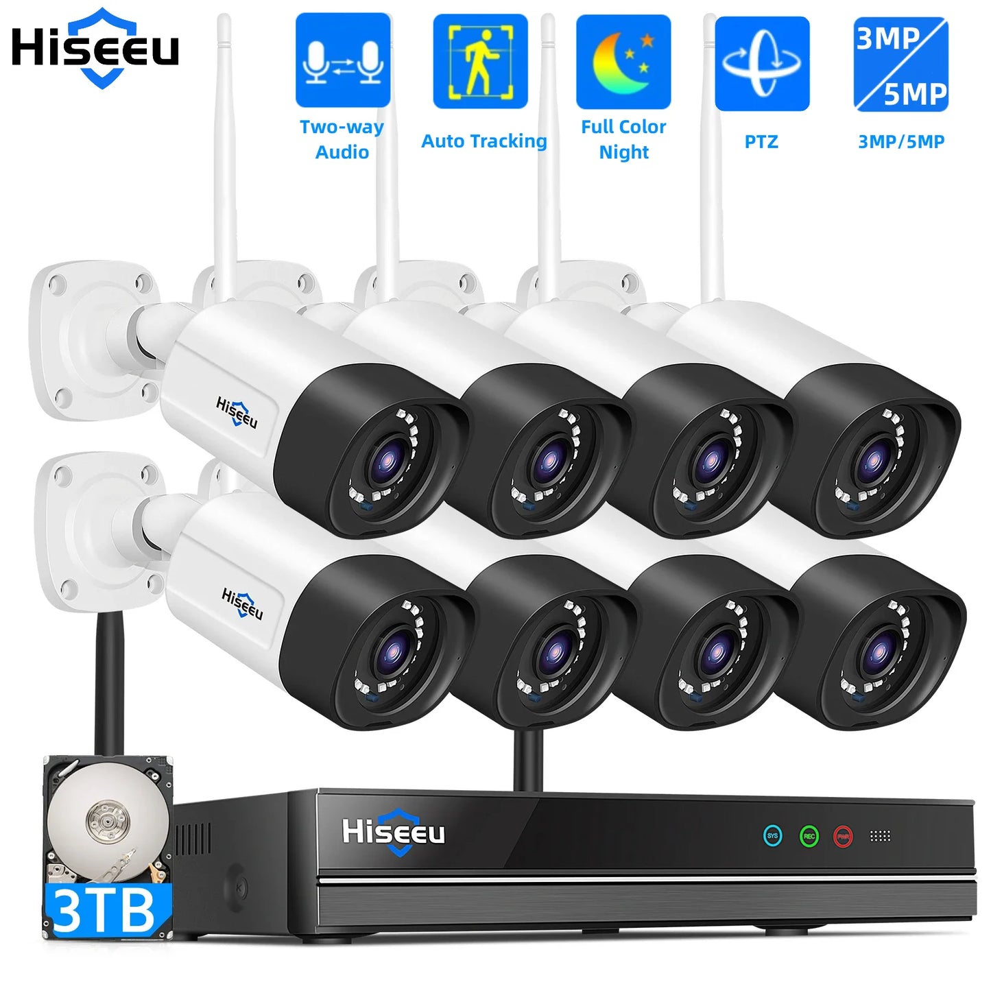 Hiseeu 10CH 5MP WiFi Security Camera System — H.265 NVR with Color Night Vision, Human Motion Detection & 2-Way Audio Outdoor Cameras