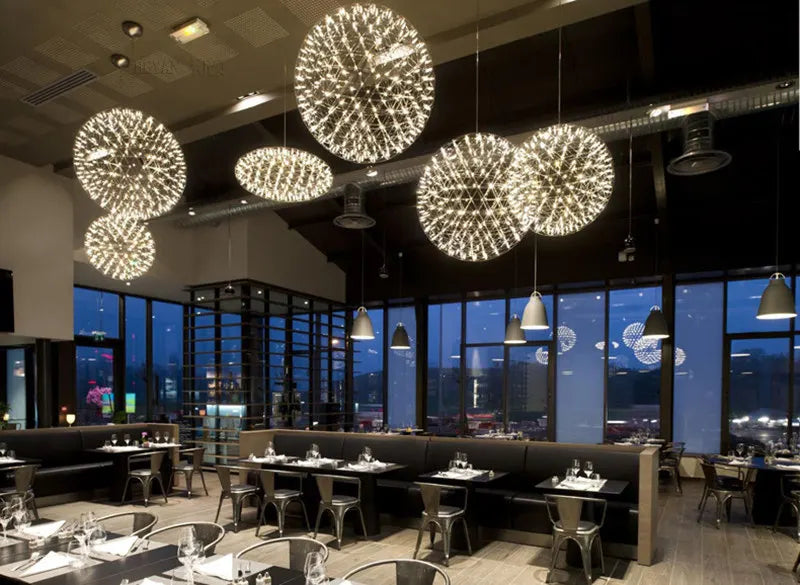 Italy Designer Spark Ball LED Chandelier – Stainless Steel Firework Pendant Lamp with Remote for Loft Living Room Decor