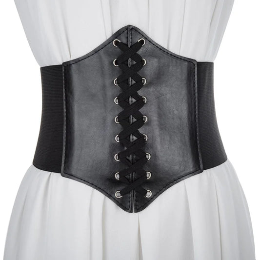 New Corset Punk Black Wide Belt - PU Leather Slimming Body Belt for Women, High Waist Elastic Cummerbund for Dresses