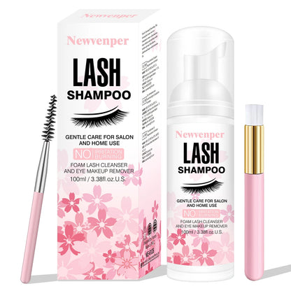 100ML Eyelash Lash Shampoo with Brush & Mascara Wand – Foaming Eyelid Cleanser for Extensions & Makeup Removal