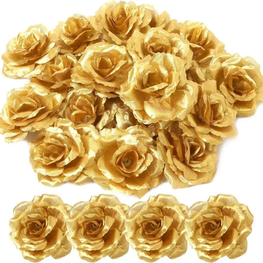 25pcs Artificial Gold Silk Roses — Faux Rose Flower Bouquets for Wedding & Party Decorations