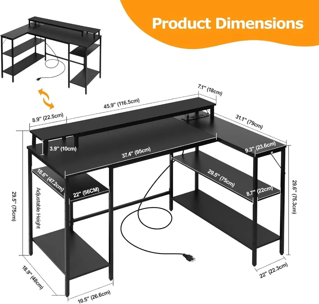 L-Shaped Gaming Desk with LED Lights – Reversible Computer Desk with Power Outlets, Stand & Shelves