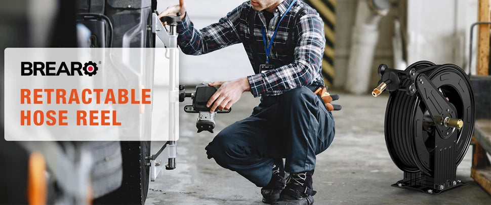 50FT Auto-Retractable Pressure Washer Hose Reel – Heavy Duty 300 PSI Steel Dual Arm Hose for Power Washers