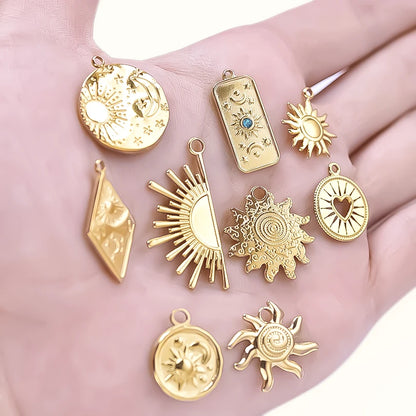 6pcs Real Gold-Plated Sun Charms - Stainless Steel Jewelry Making Pendants, Heart, Moon & Sunshine Design
