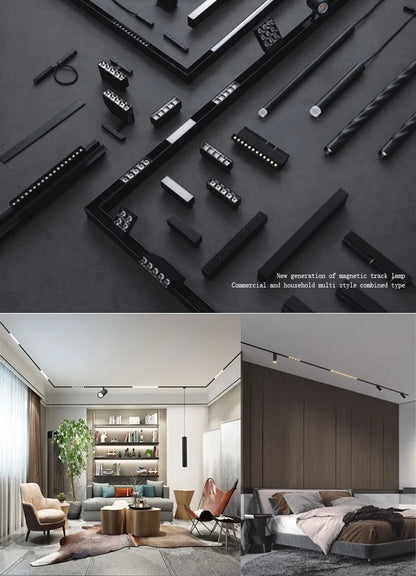 LED Magnetic Track Light Grille, Modern Embedded Flexible Linear Flood Lamp, DC48V Ceiling Spotlight for Indoor Living