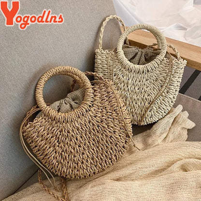 Yogodlns Handmade Half-Round Rattan Straw Bag – Summer Women’s Small Beach Messenger Crossbody Handbag
