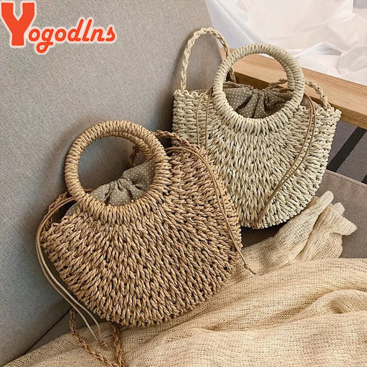 Yogodlns Handmade Half-Round Rattan Straw Bag – Summer Women’s Small Beach Messenger Crossbody Handbag