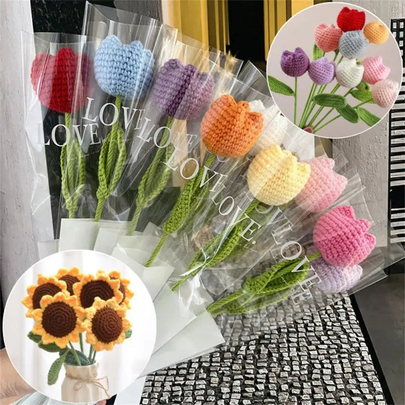 Hand-Knitted Rose, Tulip & Sunflower Bouquet – Crochet Simulation Floral Arrangement for Home Table Decor