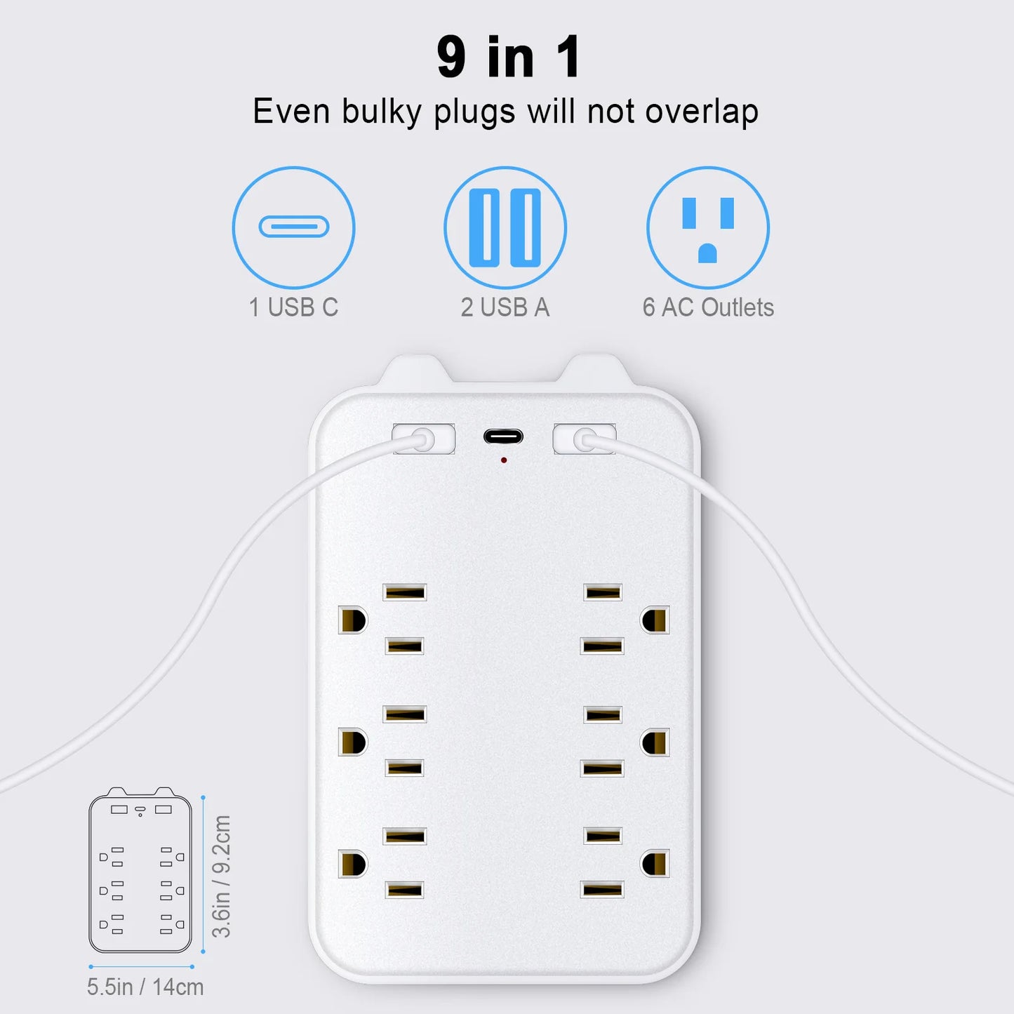 9-in-1 Surge Protector Power Strip: 6-Outlet Extender with 2 USB & 1 USB-C Ports - Multi Plug Outlets Wall Adapter Spaced for Home