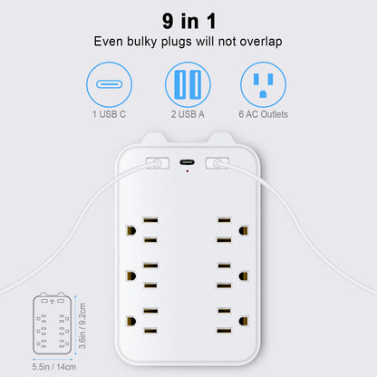 9-in-1 Surge Protector Power Strip: 6-Outlet Extender with 2 USB & 1 USB-C Ports - Multi Plug Outlets Wall Adapter Spaced for Home
