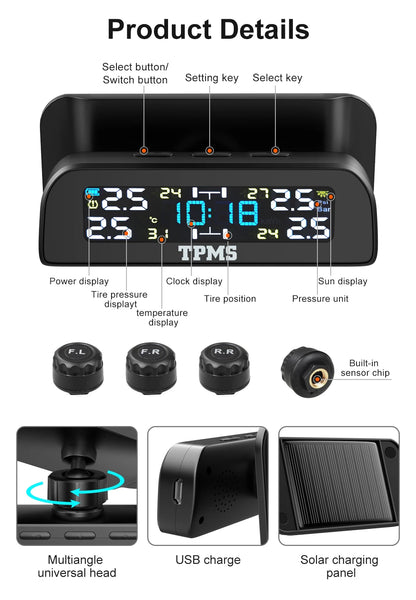 Solar Car TPMS Tire Pressure Monitoring System – External Sensors for 4 Wheels Tyre Pressure Detection