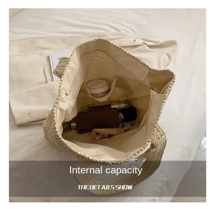 Elegant Straw Woven Handbag – Women’s Retro Beach & Casual Tote Top-Handle Shoulder Bag 2024