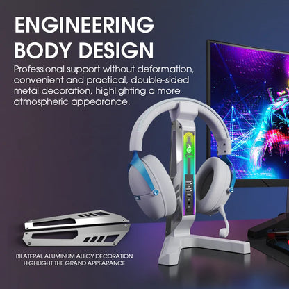 RGB Gaming Headset Stand – LED USB Charging Dock with Sound-Activated Lights & 11 Modes