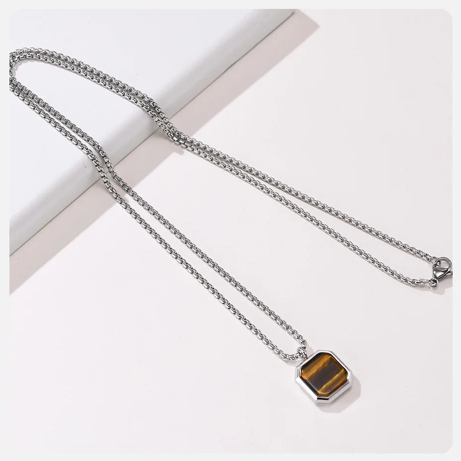 Vnox Stylish Men's Square Natural Stone Necklace - Stainless Steel Geometric Polygon Pendant, Casual Punk Jewelry Gift