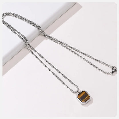Vnox Stylish Men's Square Natural Stone Necklace - Stainless Steel Geometric Polygon Pendant, Casual Punk Jewelry Gift
