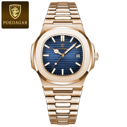 POEDAGAR Luxury Men's Watch – 30ATM Waterproof, Stainless Steel Square Quartz, Luminous Date, Business reloj hombre