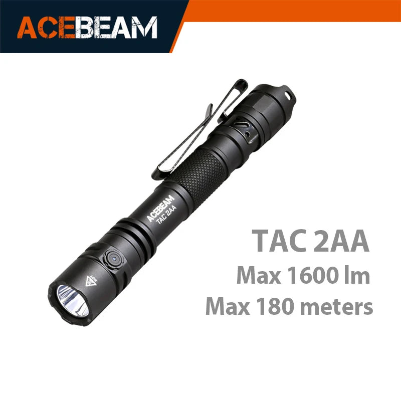 ACEBEAM TAC 2AA LED Flashlight — 1600 Lumen Portable EDC Torch, 181m Beam, USB-C Rechargeable with Dual Buttons