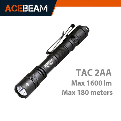ACEBEAM TAC 2AA LED Flashlight — 1600 Lumen Portable EDC Torch, 181m Beam, USB-C Rechargeable with Dual Buttons