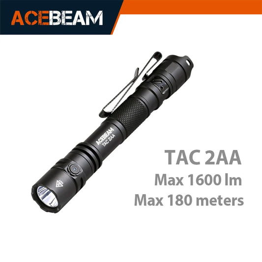 ACEBEAM TAC 2AA LED Flashlight — 1600 Lumen Portable EDC Torch, 181m Beam, USB-C Rechargeable with Dual Buttons