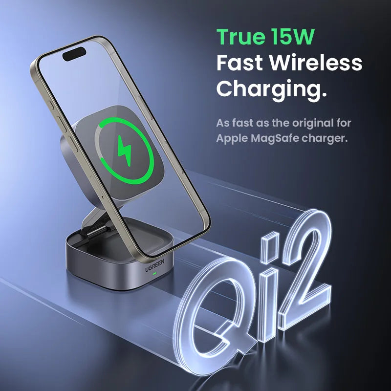 UGREEN Qi2 25W Magnetic Wireless Charger Stand - 2-in-1 Fast Charging Station for iPhone 15/16 Pro Max, AirPods, Compatible with MagSafe
