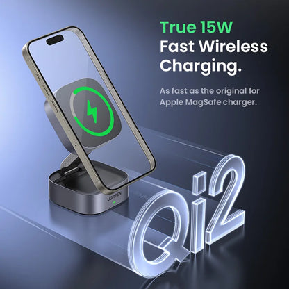 UGREEN Qi2 25W Magnetic Wireless Charger Stand - 2-in-1 Fast Charging Station for iPhone 15/16 Pro Max, AirPods, Compatible with MagSafe