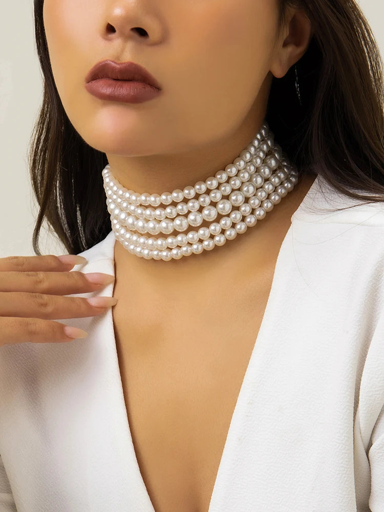 Vintage Imitation Pearl Multi-Layer Necklace – Elegant Oval Beads Choker Collar for Women, Chain Jewelry Accessories, Party Gift