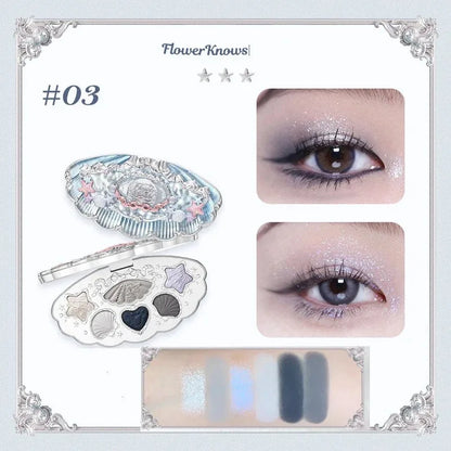 Flower Knows Moonlight Mermaid Eyeshadow Palette – 5-Color Matte, Shimmer & Glitter Waterproof Eye Shadow
