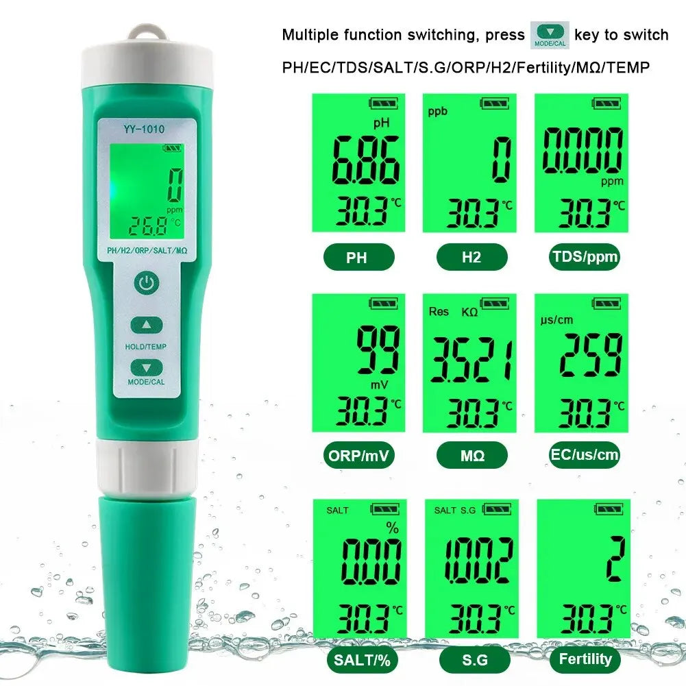 Yieryi TDS, EC, PH, Salinity & ORP Meter - H2, S.G, TEMP Water Quality Monitor for Pools & Aquariums
