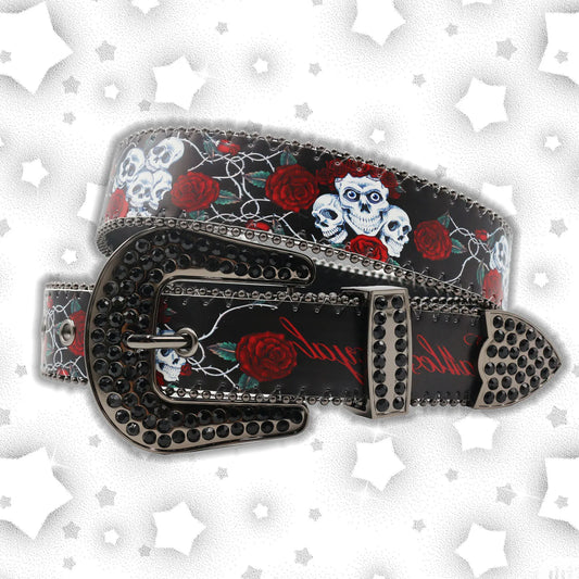 Nice Brand Three Skull Rhinestone Belt – Western Punk Hip-Hop Style for Men & Women