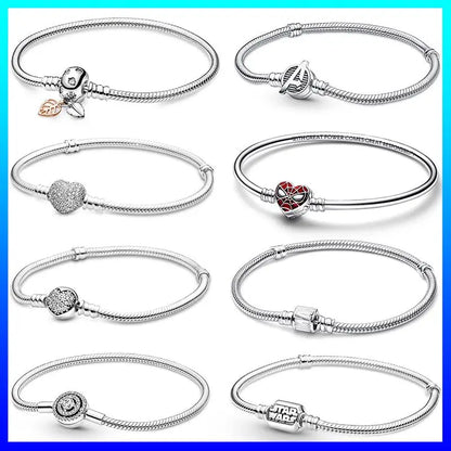 New 925 Sterling Silver Snake Chain Charm Bracelet – Fits Original 925 Pendant Charms & Beads, Heart Bracelet Jewelry for Women