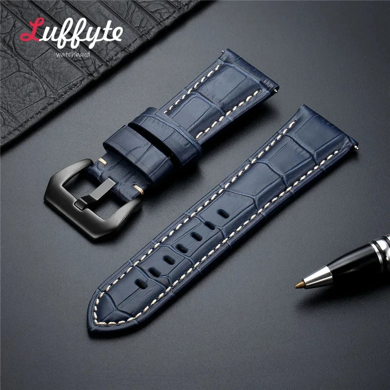 High-Quality Genuine Leather Watch Strap – 20mm-26mm Men's Band in Black, Brown & Blue