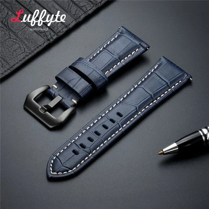 High-Quality Genuine Leather Watch Strap – 20mm-26mm Men's Band in Black, Brown & Blue