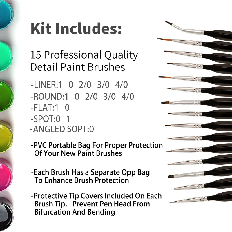 15 Pcs Miniature Painting Brush Set: Nylon Hair Multi-Shape Pen Heads for Gouache, Watercolor, Oil Paint - Artists Hand-Painted Brushes