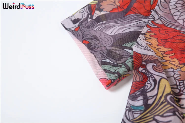 Weird Puss See-Through Jumpsuit for Women - Backless Dragon Print Short Sleeve Fitness & Workout Slim Stretch Clubwear