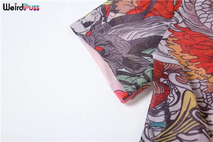 Weird Puss See-Through Jumpsuit for Women - Backless Dragon Print Short Sleeve Fitness & Workout Slim Stretch Clubwear