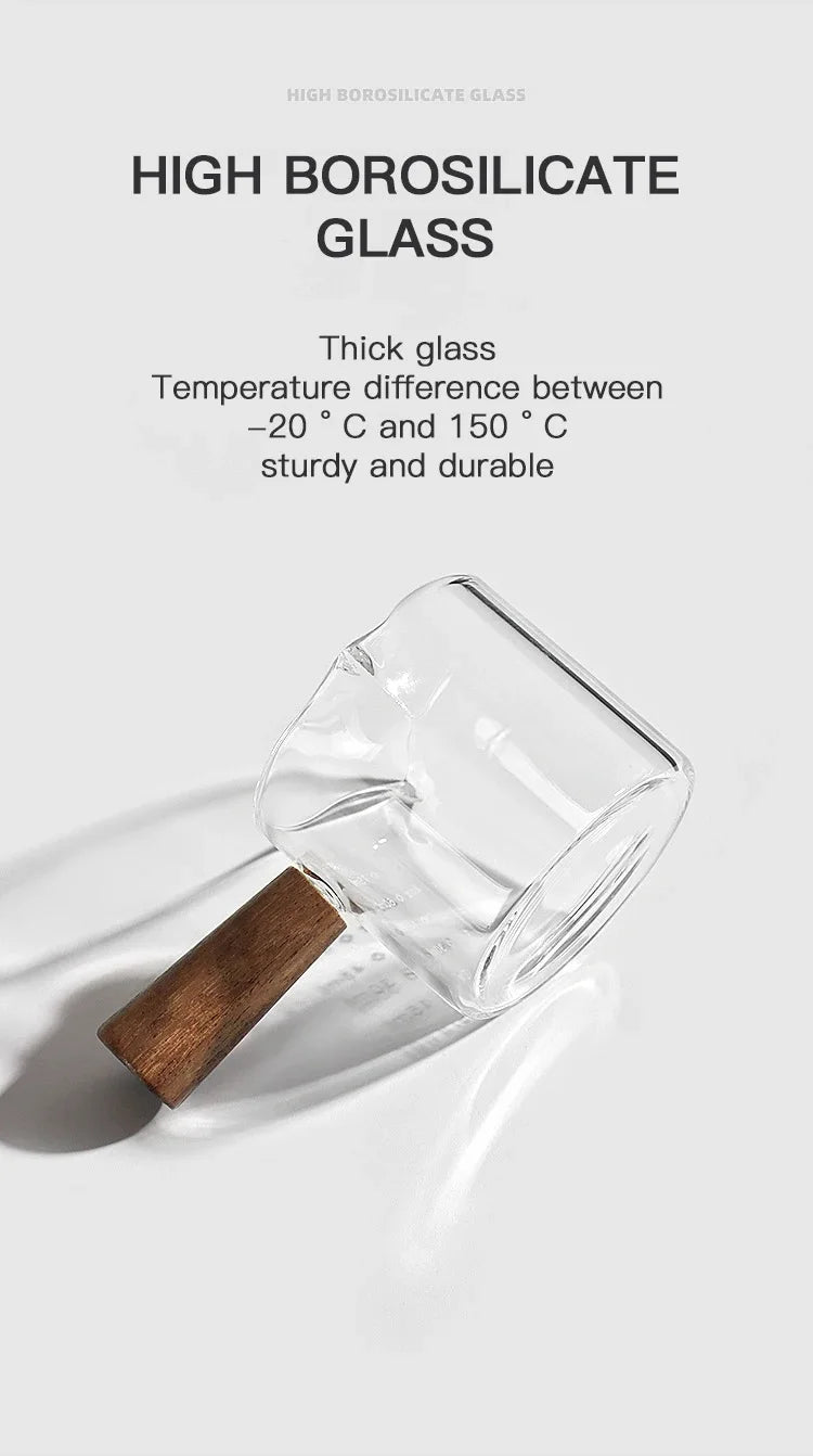 75ML Glass Coffee Measuring Cup with Wooden Handle — Espresso, Milk & Latte Transparent Cup with Scale, Kitchen Coffee Barista Tool