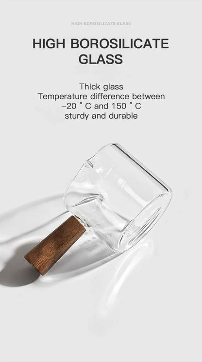 75ML Glass Coffee Measuring Cup with Wooden Handle — Espresso, Milk & Latte Transparent Cup with Scale, Kitchen Coffee Barista Tool