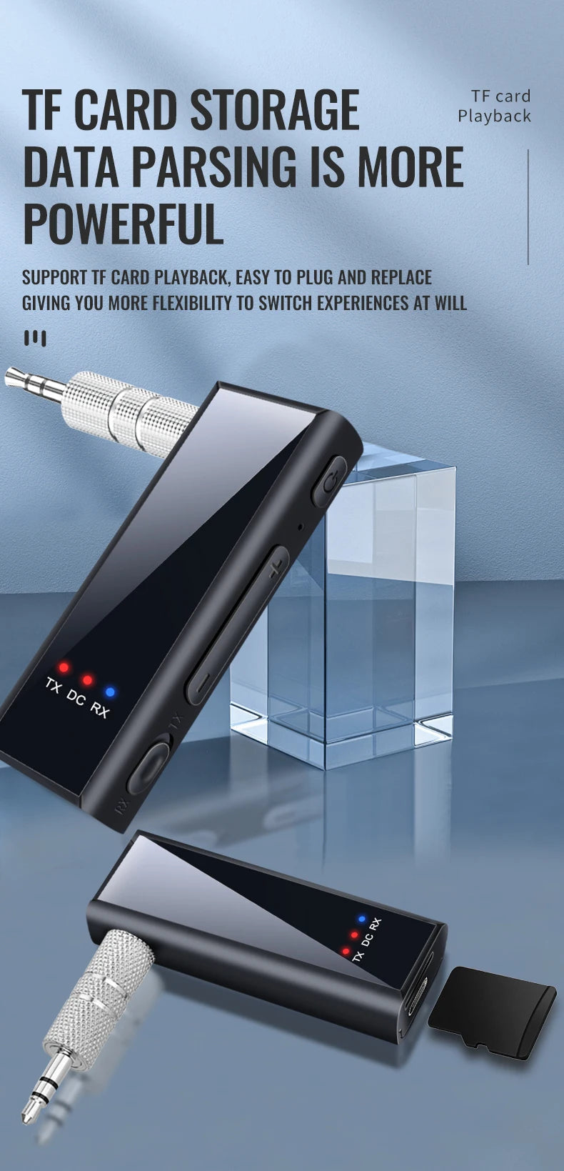 Bluetooth 5.4 Audio Transmitter Receiver – 3.5mm AUX Wireless Adapter with Mic & TF Card Support for Car, TV, PC