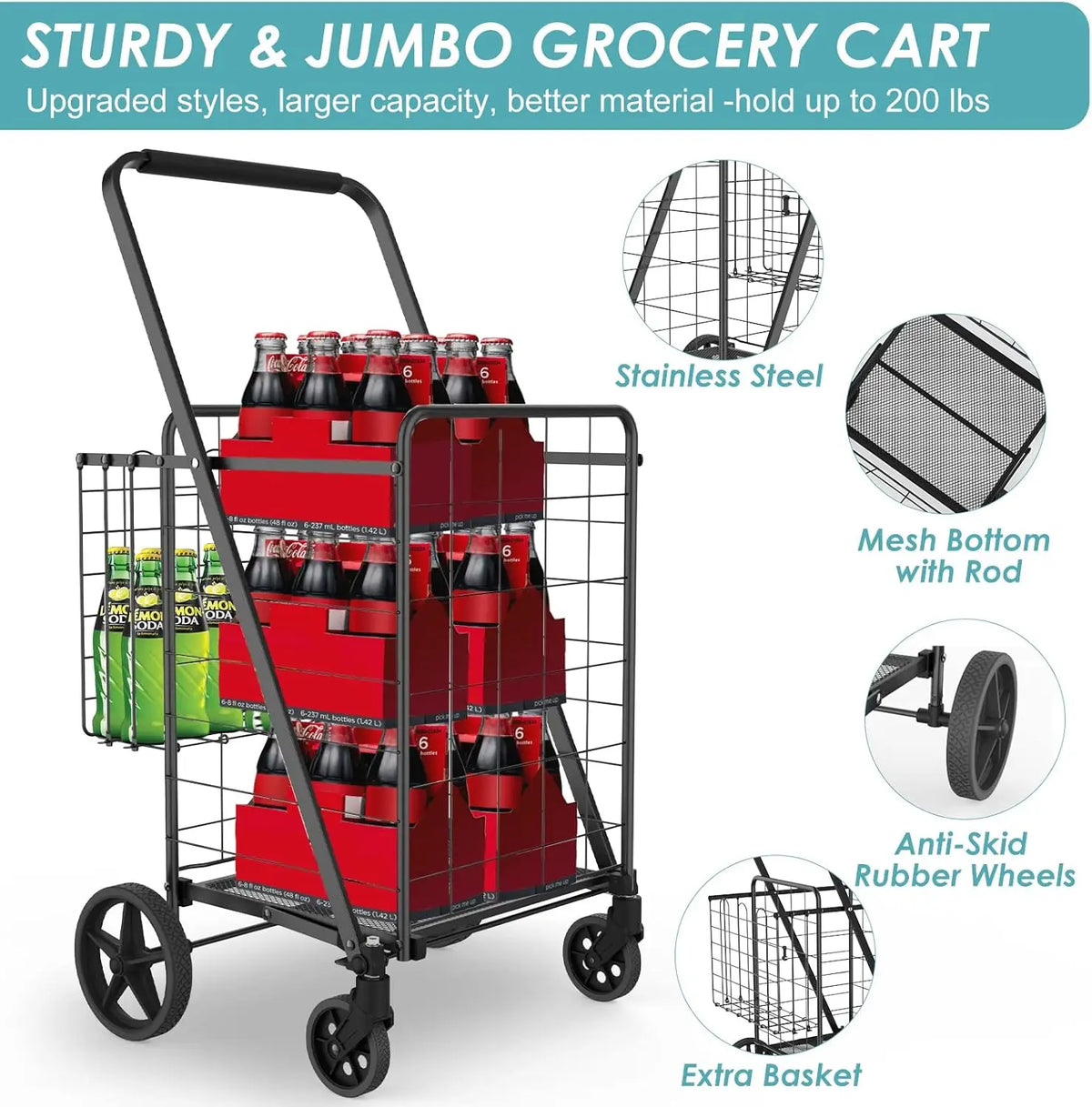 Extra Large Collapsible Grocery Cart on Wheels — Heavy Duty Shopping C ...