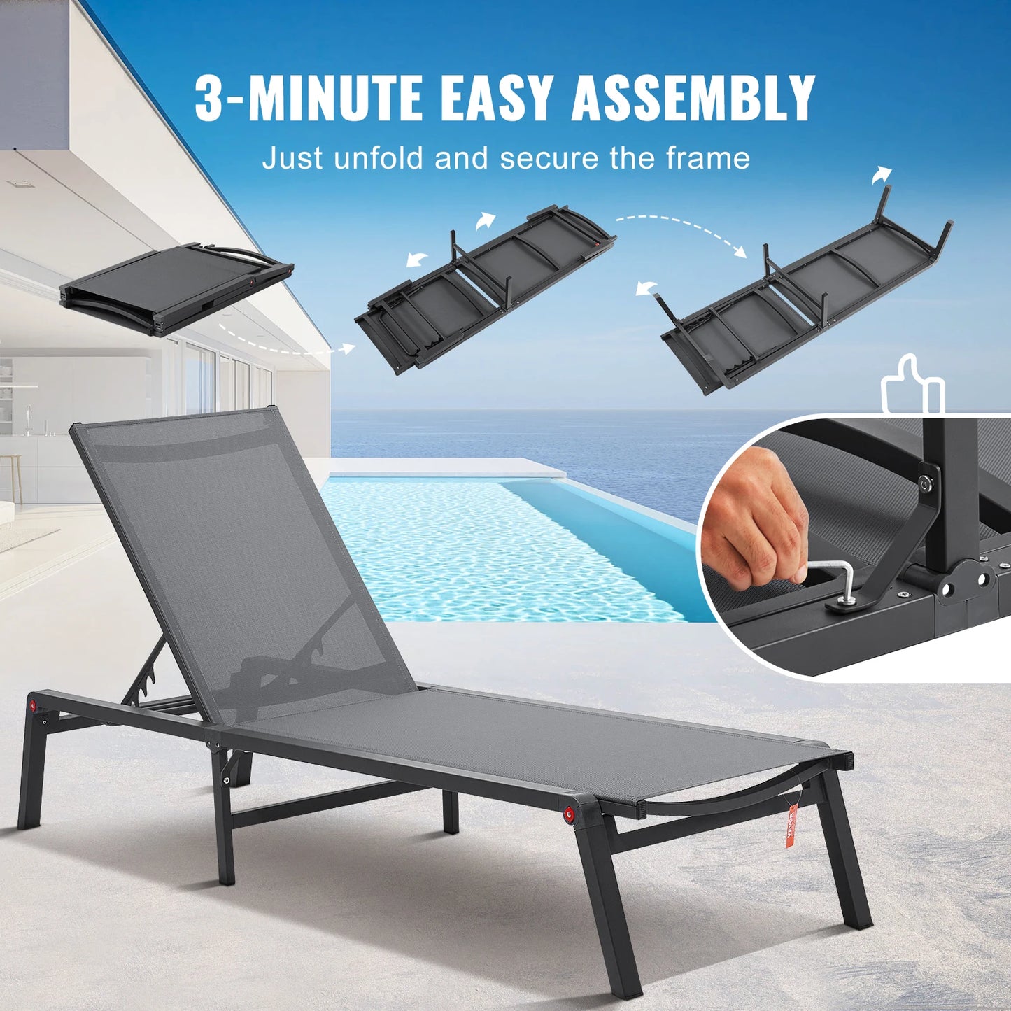 SucceBuy Outdoor Aluminum Chaise Lounge Chair — Folding Patio Pool Recliner, Full Flat Sun Lounger in Dark Grey