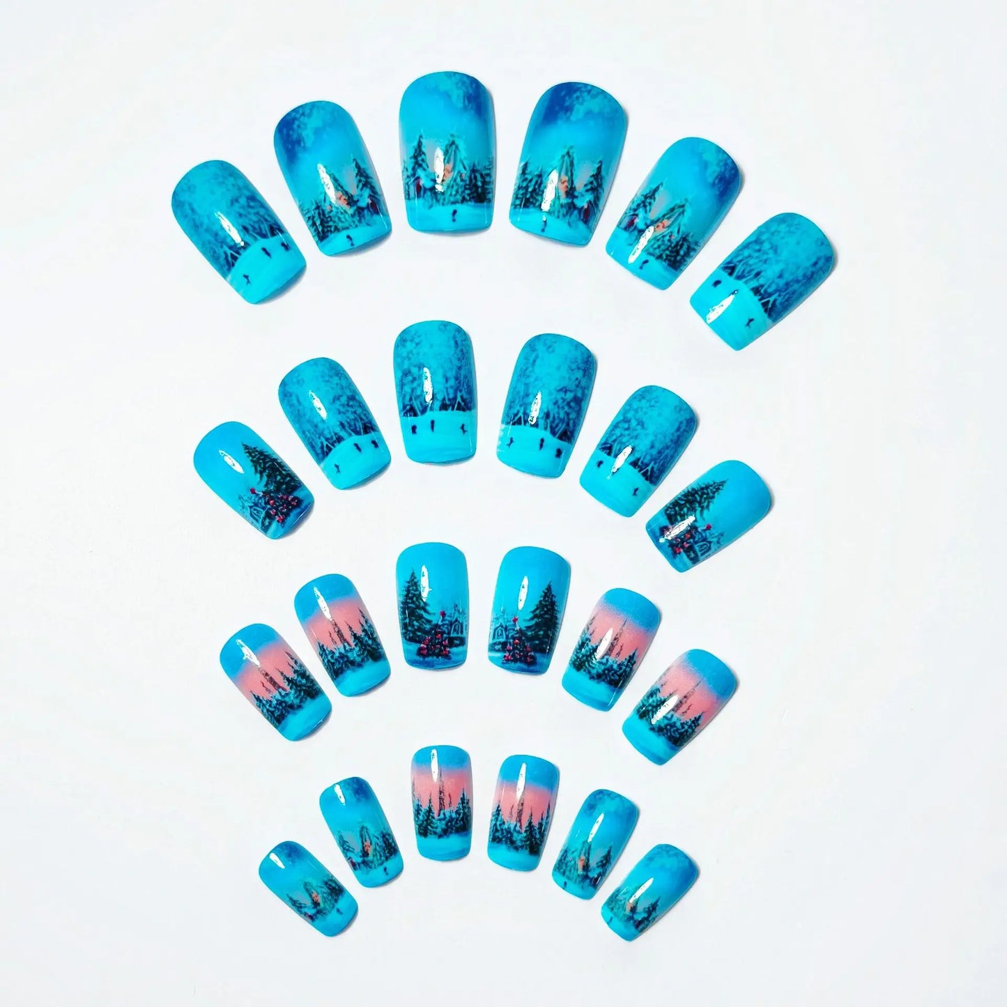 Medium Long Christmas Fake Nails – Square & Almond Tips with Tree, Snowflake & Snowman Designs