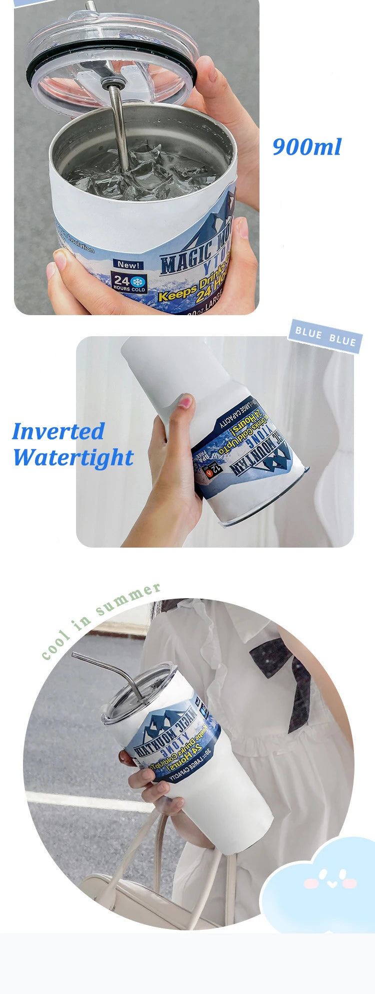 Magic Stainless Steel Thermos Cup with Straw – Vacuum Insulated Ice Coffee Travel Bottle for Car, Outdoor & Mountain Use