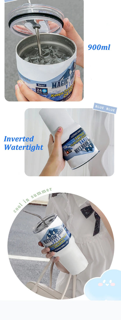 Magic Stainless Steel Thermos Cup with Straw – Vacuum Insulated Ice Coffee Travel Bottle for Car, Outdoor & Mountain Use