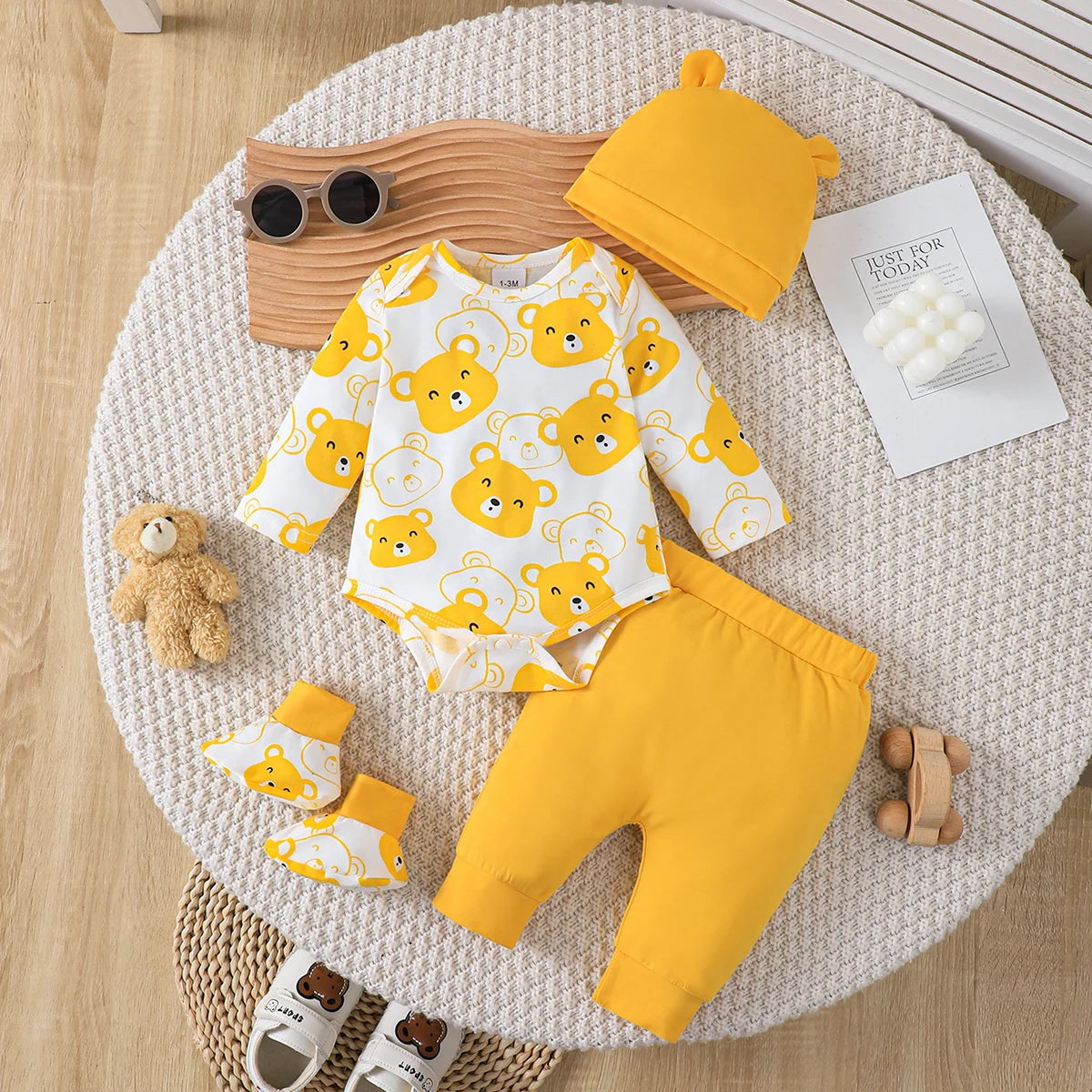 0-9 Months Baby Boy Set – Little Bear Long Sleeve Bodysuit, Pants, Hat & Socks for Spring & Autumn Newborns