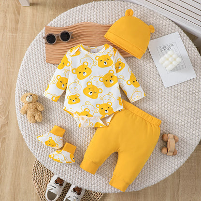 0-9 Months Baby Boy Set – Little Bear Long Sleeve Bodysuit, Pants, Hat & Socks for Spring & Autumn Newborns